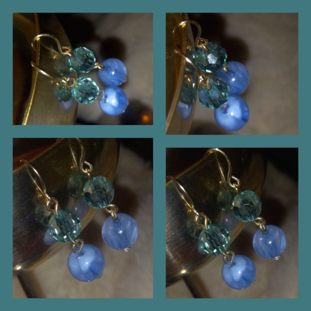 Silver 2 Tier Blueish Green Beaded Earrings (1")